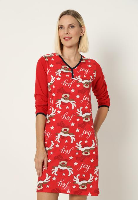 Camasa de noapte Craciun,imprimeu reni,culoare rosu ,En-gros